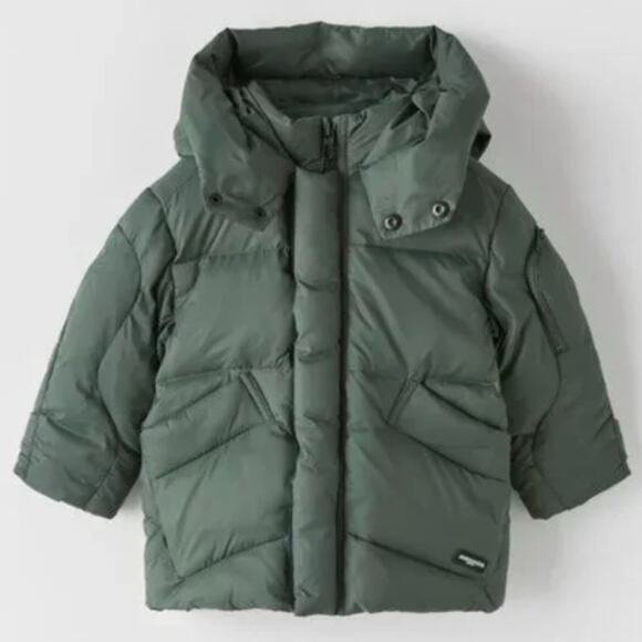 Zara NEW Kids Down Puffer Parka Hooded Coat Size 4-5 Boy Girl Unisex Olive Green - Picture 1 of 16